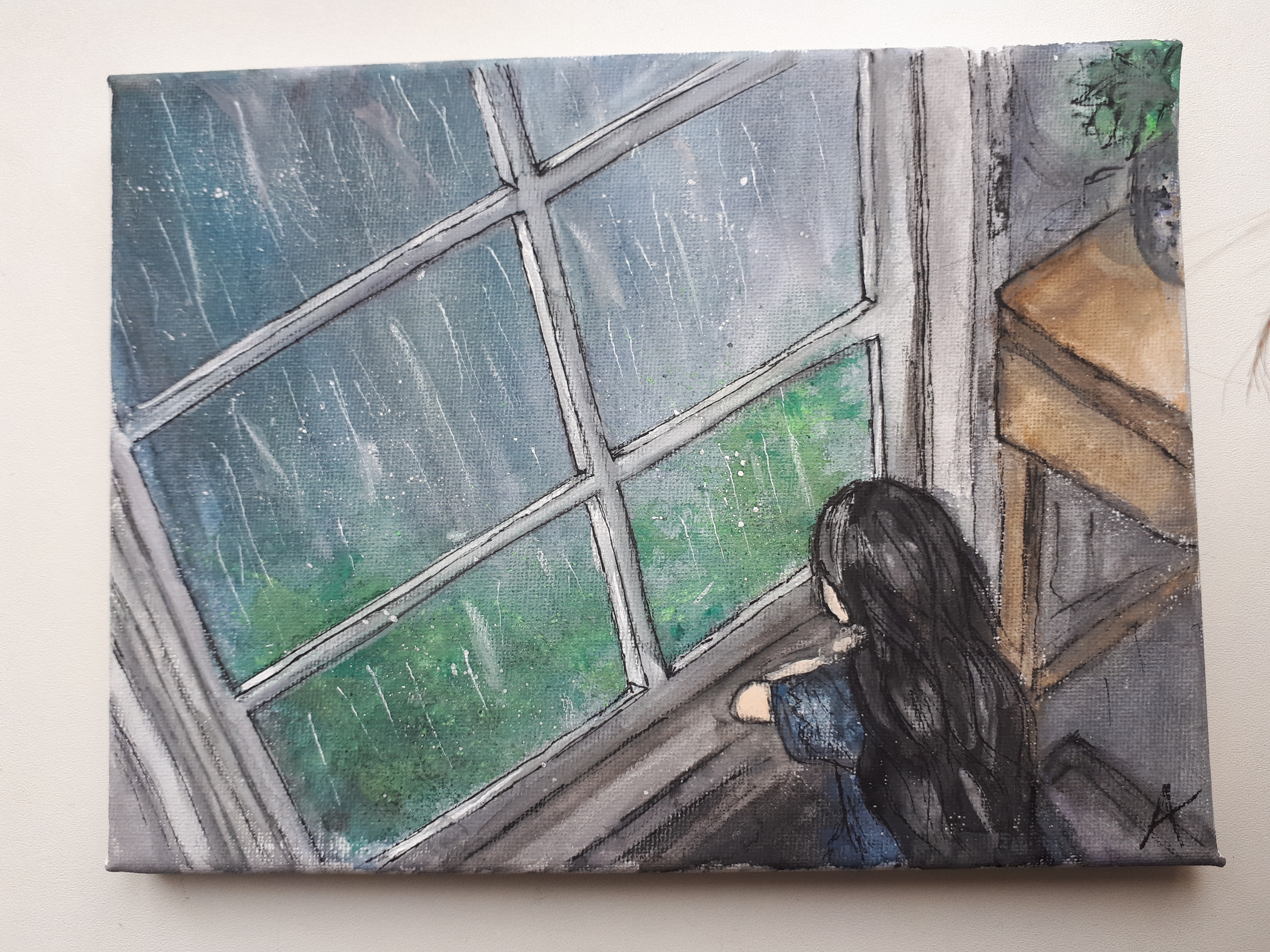 drawing art artwork rain window girl portrait aquarelle...