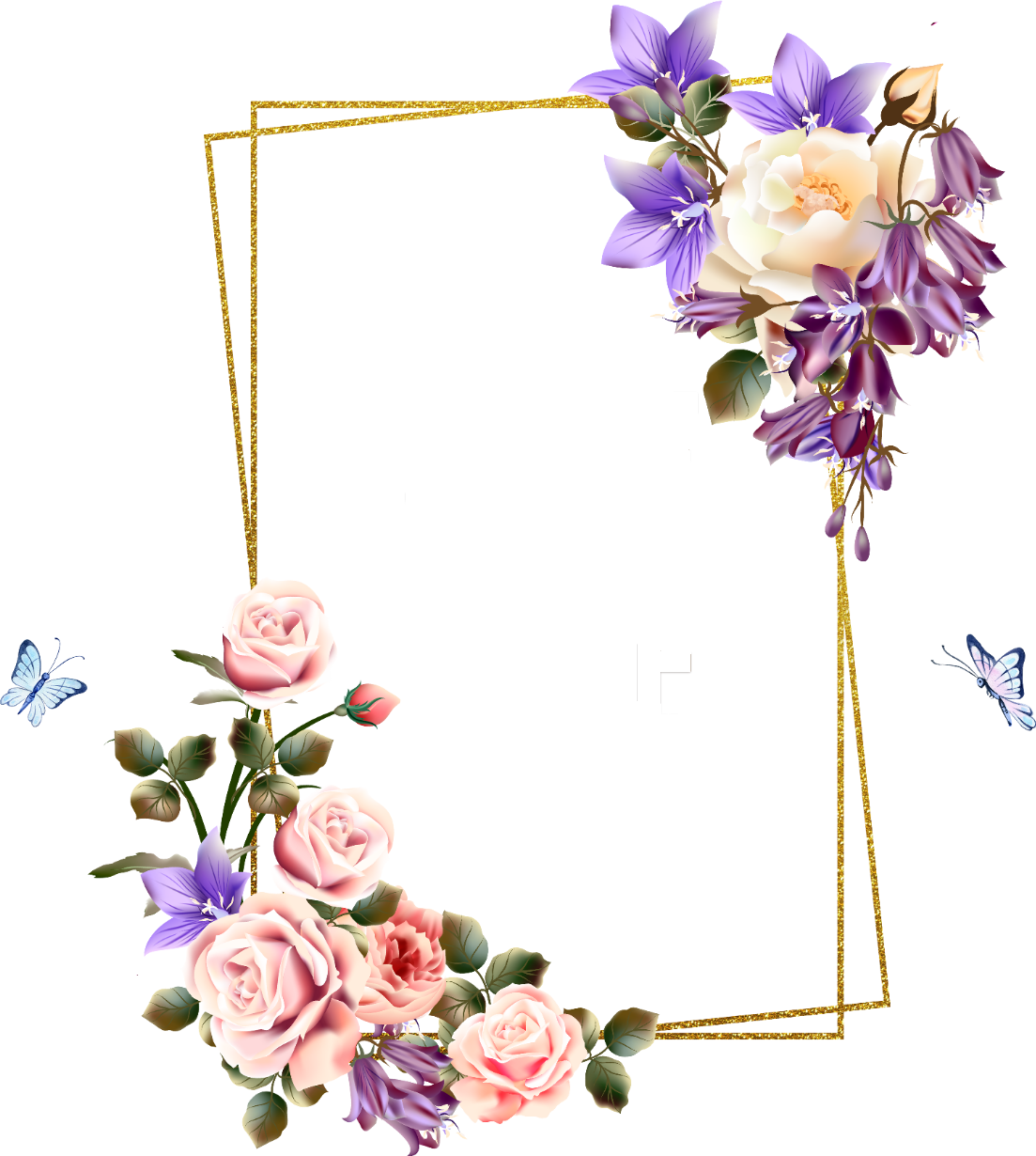 rose square flower floral frame butterfly gold glitter...