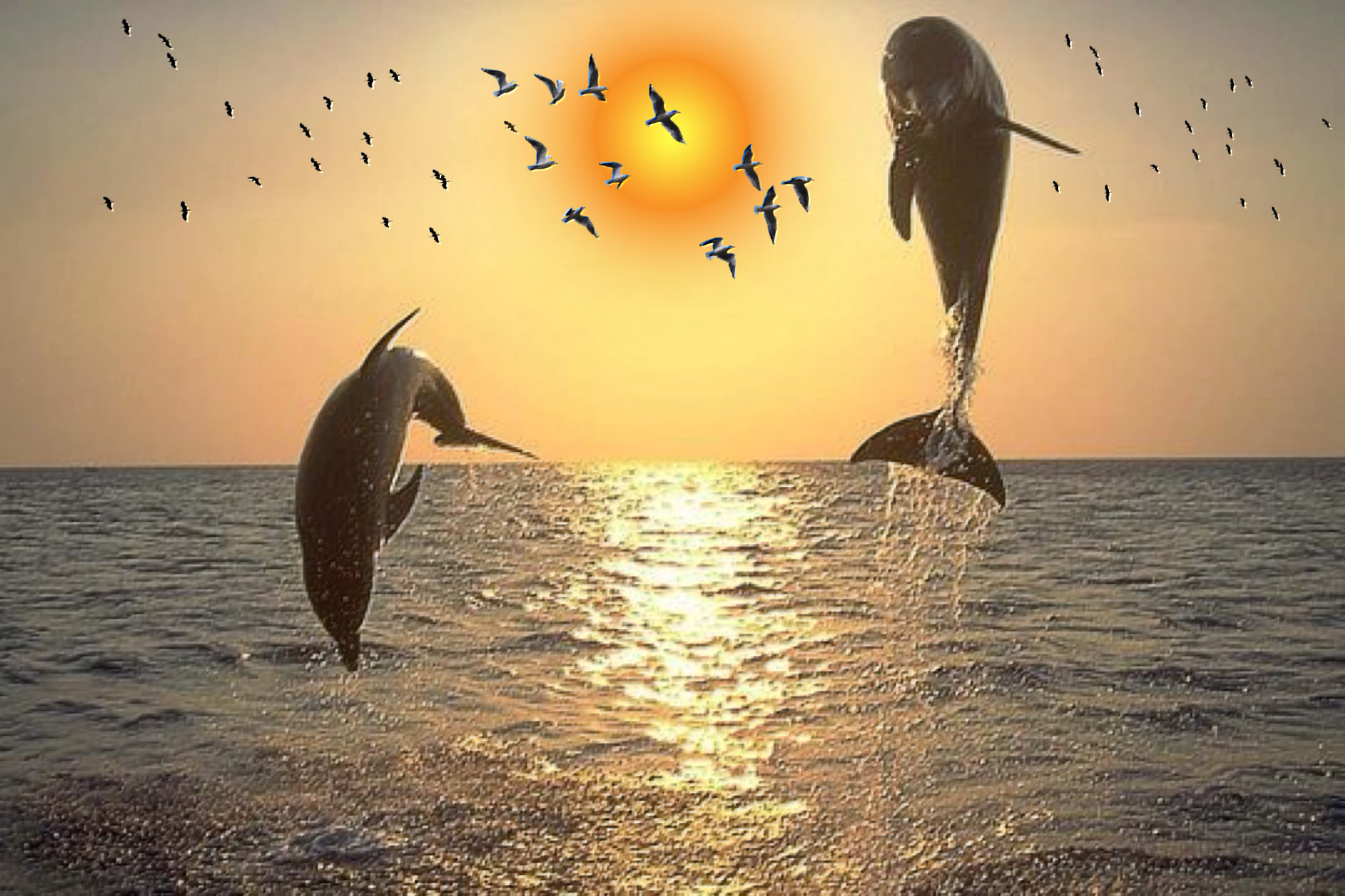 фото море закат дельфины