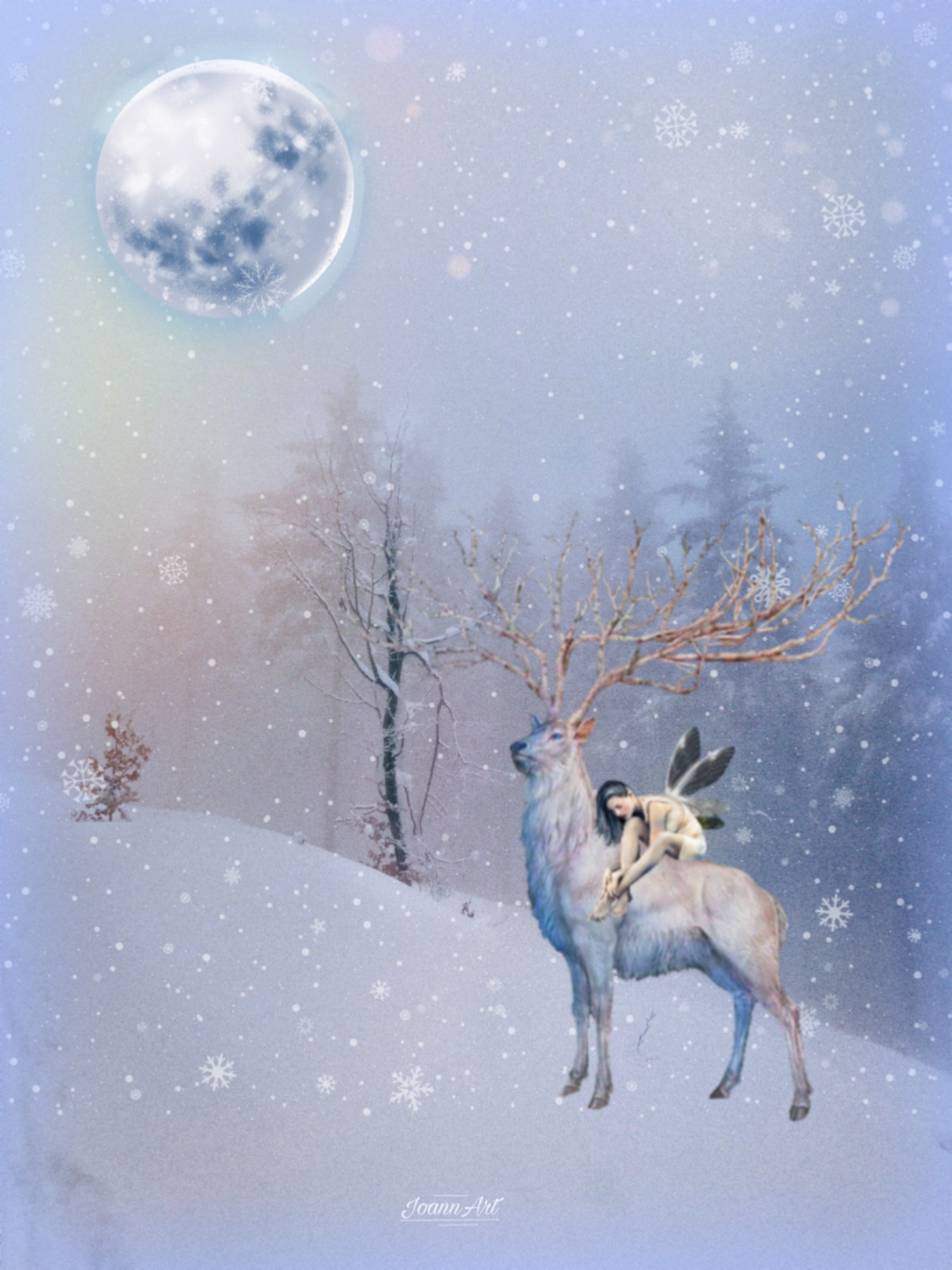 freetoedit fantasyart deer fairy winter snow forest nig...