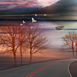 replay madewithpicsart madebyme naturebeauty landscape road lake boat mountains trees skyandclouds moon sunset beautifulcolor picsart freetoedit painting