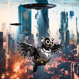 fte alien alienshoutout aliencity city cityscape future futuristic fantasy surrealistic robot owl robotowl birds ufo spaceships alienized alienizedarts wallpapers higlydetailed uhd hd picsarteffects aigenerated aienhanced theendoffreetoedit freetoedit