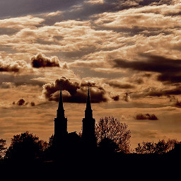 sundown evening endofday sunset light sky clouds church towers twotowers time silhouette freetoedit