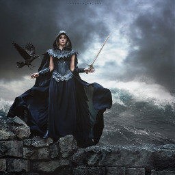 pincsart crow sea fight photomontage woman cloudy freetoedit