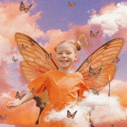 fairyaesthetic mariposa butterfly wings fairy fantasyart fantasy magical cosmos butterflies clouds aesthetic orange orangeaesthetic girl woman shine freetoedit