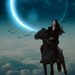 луна небо лошадь девушка красота звезды птицы freetoedit
