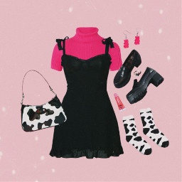 freetoedit outfit ootd cow cowprint pink neon nightout gummybears purse dress turtleneck aesthetic clothes clothing shoes socks lipgloss black accessories cute pretty