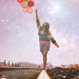 freetoedit happygirl galaxy space balloons girl walking background spaceaesthetic lensflare
