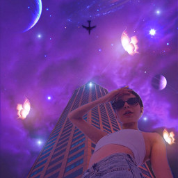 freetoedit replay purple aesthetic purpleaesthetic sky galaxy planets model butterflies lights remixed