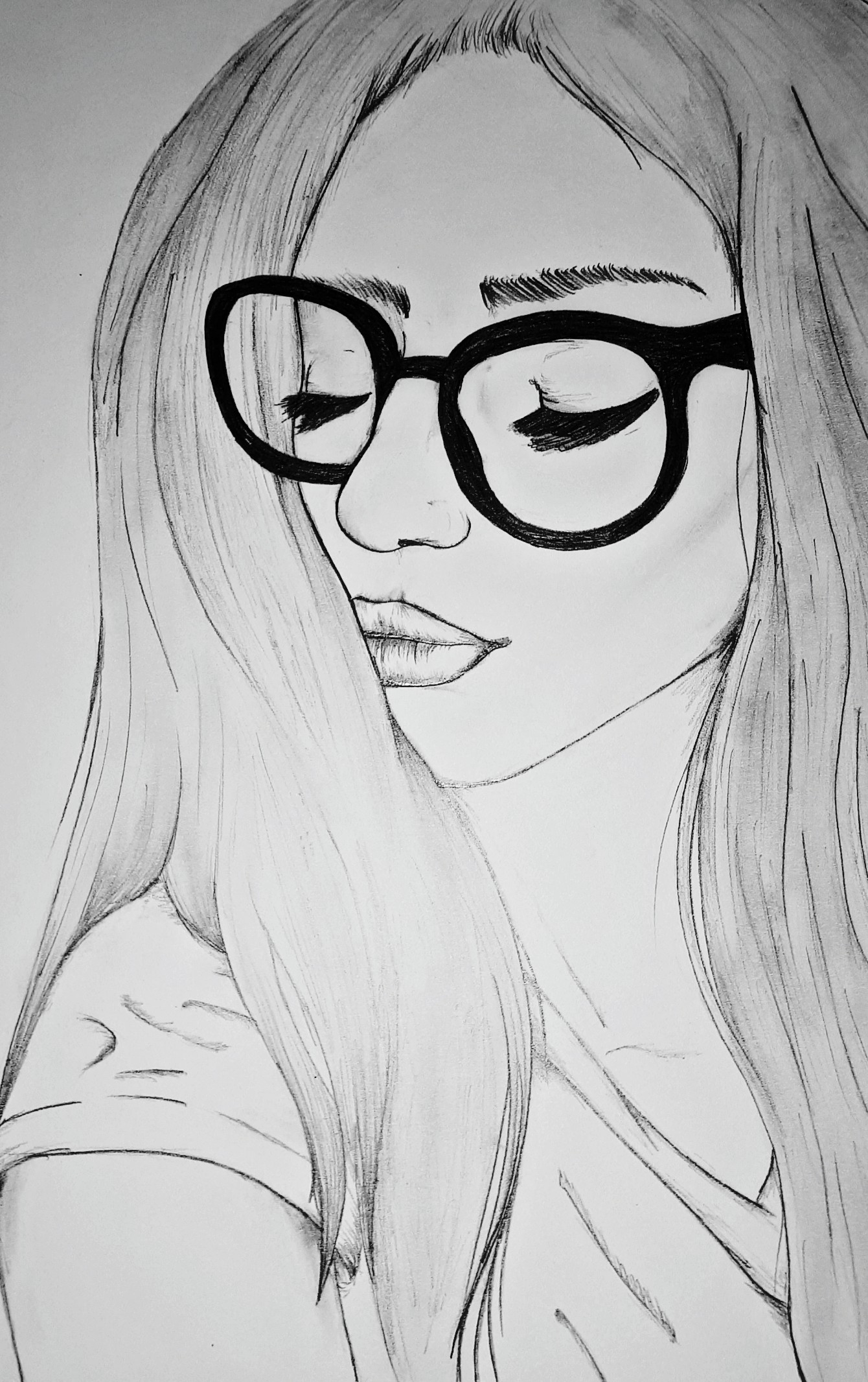 Drawing Girl Glasses Blackandwhite