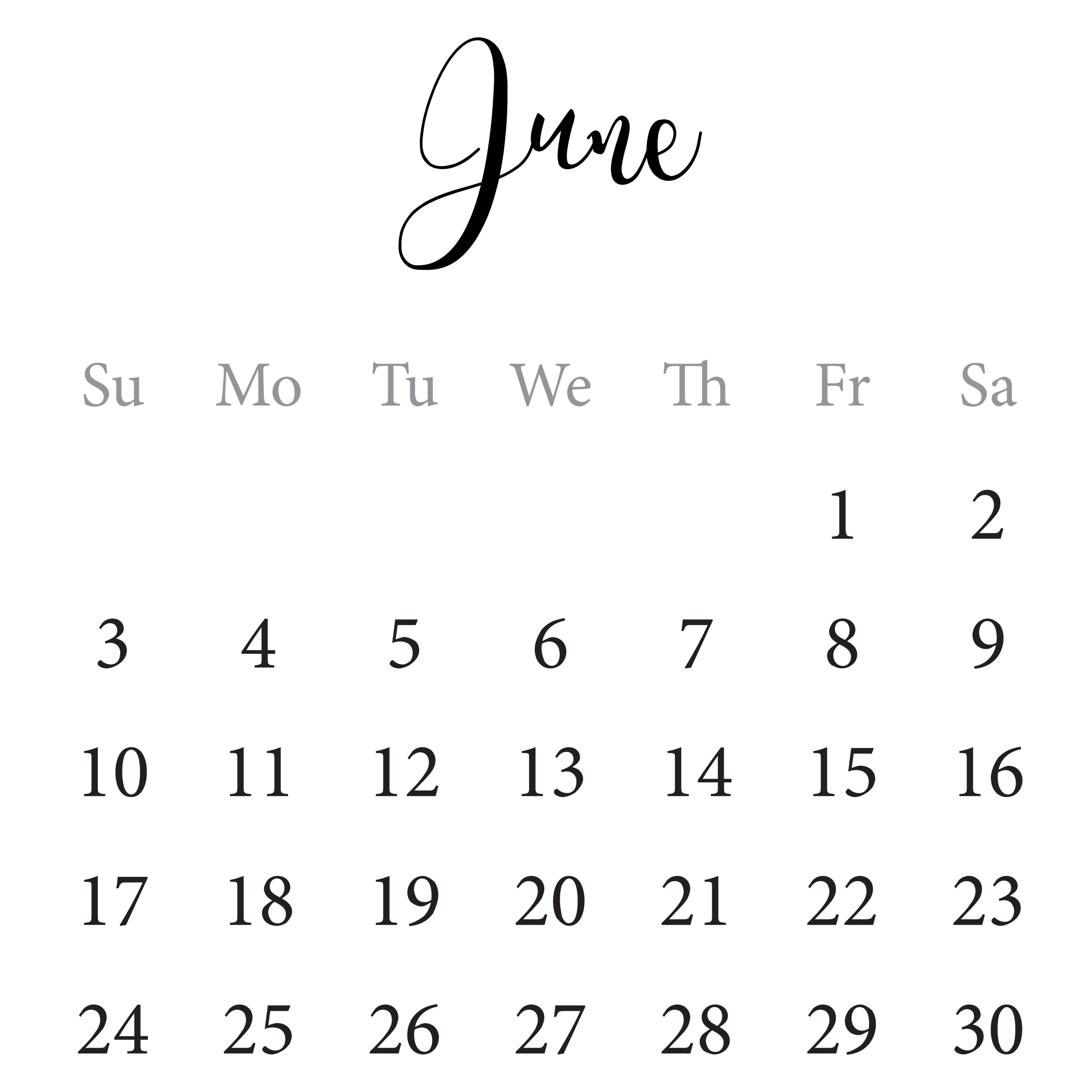 2018 June Calendar Portrait