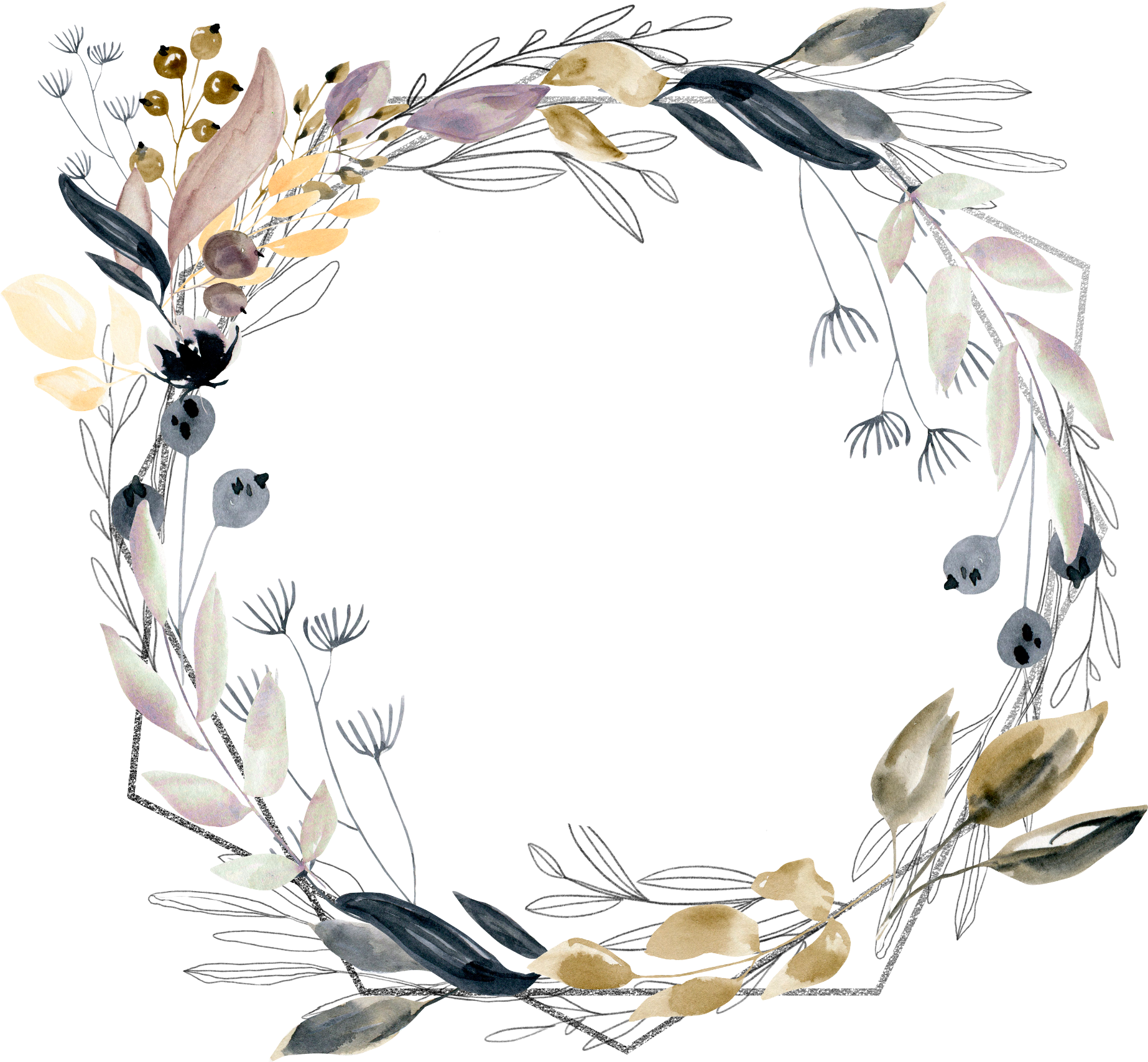 flower floral square frame wreath silver glitter geomet...