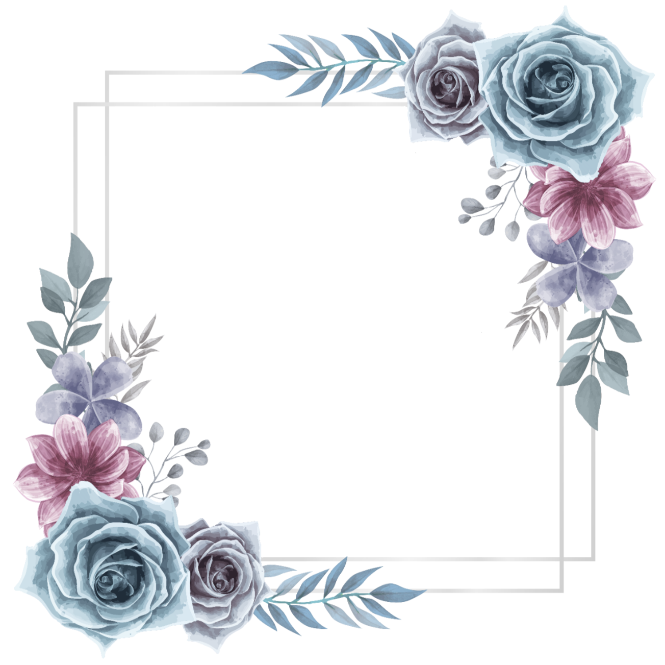 rose wreath square flower floral frame silver glitter...