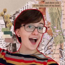 vintage selfie stripes pattern happy girl flower newspaper background glasses red brown yellow text freetoedit