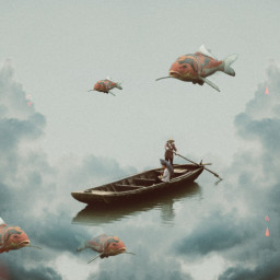 freetoedit boat fishes flying clouds
