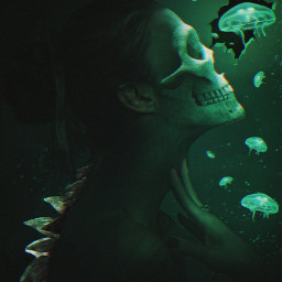green jellyfish dark spikes skull broken water underwater freetoedit