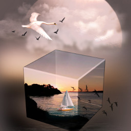 replay madewithpicart madebyme 3d cube fantasy surreal surrealism imagination sky clouds moon sea boat sunset birds beautiful picsart freetoedit