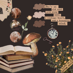 collage mushroom flowers clock darkacedemia books brown message aesthetic challenge freetoedit ectherenaissance therenaissance