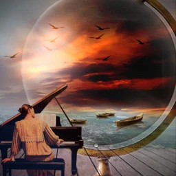 nature sea sunset boat piano woman calm freetoedit irctheglobe theglobe