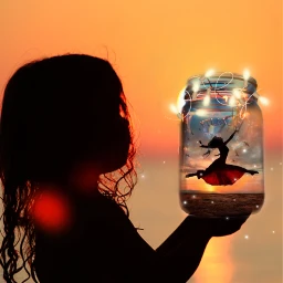 2 fairyjarimageremixchallenge sunsetdancer littlegirl children balletdancer glassjar stringlightsbrush sunset beach freetoedit ircmagicfairyjar magicfairyjar