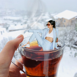 warm could tea girl woman smoke snow cold sunglasses sit hotwater vacation freetoedit