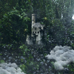 castle medieval forest fireflies green foggy clouds sticker surreal surrealism surrealisticworld freetoedit colorpaint