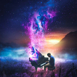 freetoedit galaxyedit cosmic piano playingmusic madewithpicsart madebyme nightsky power pianist