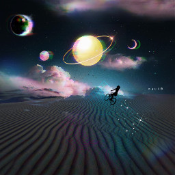 freetoedit myart myedit desert sky clouds birds moon planets stars galaxy universe spaceart bicycle girl shadow shine madewithpicsart madewithlove heypicsart makeawesome