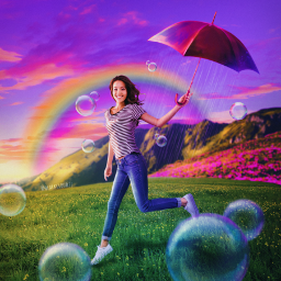 madewithpicsart madebyme myedit colorful rainbow magical umbrella rain girl flowerymeadow clouds mountains bubbles fcmasterschallengeremovebackground masterschallengeremovebackground
