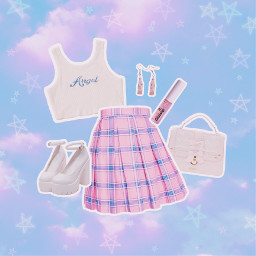 freetoedit aesthetic ootd outfit fashion pink purple white croptop skirt cute angel soft glossier heels purse adorable pastel