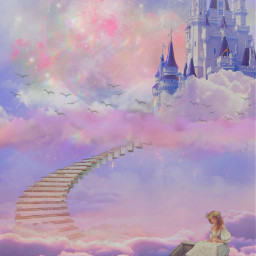 dream fantasy clouds ledder boat girl castle castleinthesky moon pink purple freetoedit ircpurplesky purplesky