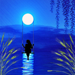 midnight magic girl swinging swing silhouette moon blue lake local