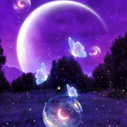 freetoedit night purple moon butterflies surreal bubbles neon glitter sparkles noche morado brillos mariposas luna fantasy fantasia myedit gaby298 replayed