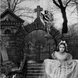 freetoedit ghost girl kid child curtsy cemetery grave graves entrance gate fence boneyard tomb stairs blackandwhite creepy spooky halloween angel statue forest