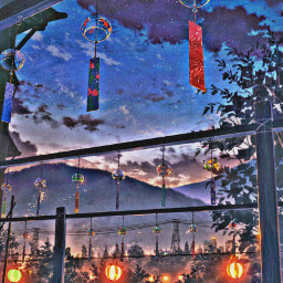 freetoedit madewithpicsart remixit anime animestyle lanterns mountains japan sky clouds trees nature stars starrysky