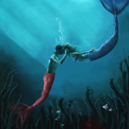 freetoedit mermaid merman love kiss mermaidkiss sirena sirene underwater underthesea sea ocean bluebackground blueastehtics picsartmaster picsarteffects blue waves lovestory