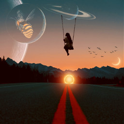 freetoedit sunset portal road bee planet perspective mountains moon ringplanet girl swing woman birds freedom relax silence replay picsartreplay surreal surrealism fantasy imagination orient_arts madewithpicsart