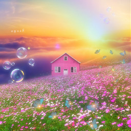 replay fieldofflowers sky clouds rainbow sunset sunrise butterfly bubbles house home madewithpicsart madewithlove makeawesome freetoedit