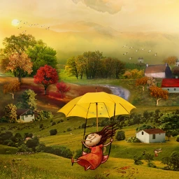 house hill sky girl tree leaves autumn wind birds freetoedit srcyellowumbrellasticker yellowumbrellasticker