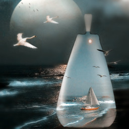fantasyart surrealism bottle sea ocean waves moon boat birds ircemptybottle emptybottle freetoedit