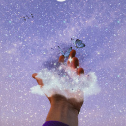stars hand star sparkle glitter bling clouds sky surreal butterfly cloudaesthetic sparklingclouds starry moon stardust fairy fairycore aesthetic sunset violet freetoedit