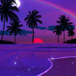 freetoedit tropical beach purple aesthetic purpleaesthetic palmtrees night moon sea glitter waves playa noche morado brillos mar luna gaby298 replayed remixed