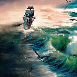 painting ocean waves storm cloudysky ship boat sunset birds freetoedit