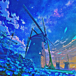 freetoedit madewithpicsart remixit anime animestyle windmill flowers nature sky clouds stars starrysky field