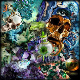 crystals skull skullz geode minerals potions eyeball irridescent digitalart creative colorful bottle thirdeye freetoedit default