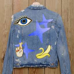 freetoedit jaqueta jeans pin pins banana olho figa estrela ircdesignthedenimjacket designthedenimjacket