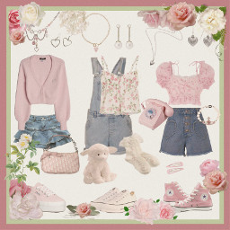 freetoedit pink green denim skirt top blouse babydoll converse pearl locket lookbook outfits roses style core cottage fem hearts lovely dior viviennewestwood soft aesthetic dollette