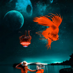 editedwithpicsart mastershotout myedit surrealart surrealedit sea sky planets ship boat woman girl fish jellyfish freetoedit