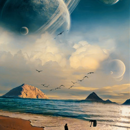 freetoedit editedwithpicsart myedit surrealart surrealedit planets sea beach couple islands birds clouds memory