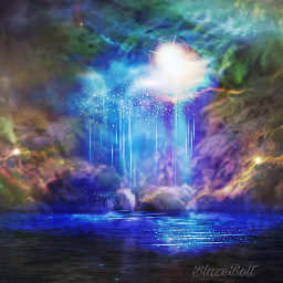 water universe surreal lake clouds stars nightsky galaxy waterfall colorful freetoedit